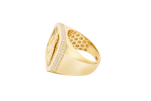 14KT Gold Ring Men's Octagon St. Barbara with Sunray Background Plain Border and Double Row White CZ Stones Edge Plain Band
