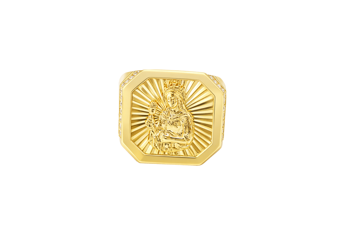 14KT Gold Ring Men's Octagon St. Barbara with Sunray Background Plain Border and Double Row White CZ Stones Edge Plain Band