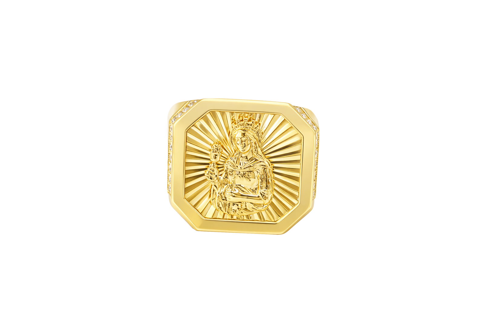 14KT Gold Ring Men's Octagon St. Barbara with Sunray Background Plain Border and Double Row White CZ Stones Edge Plain Band