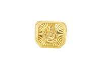 14KT Gold Ring Men's Octagon St. Barbara with Sunray Background Plain Border and Double Row White CZ Stones Edge Plain Band