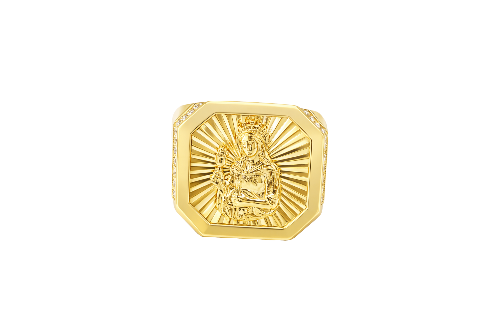 14KT Gold Ring Men's Octagon St. Barbara with Sunray Background Plain Border and Double Row White CZ Stones Edge Plain Band