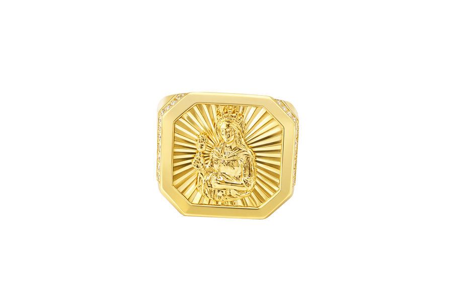 14KT Gold Ring Men's Octagon St. Barbara with Sunray Background Plain Border and Double Row White CZ Stones Edge Plain Band