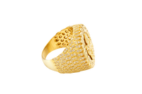 14KT Gold Ring Men's Round St. Barbara Wreath Border White CZ Stones Leaf Pattern on Shank (Two White CZ Stones in each Leaf)