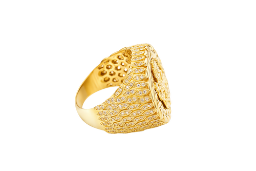 14KT Gold Ring Men's Round St. Barbara Wreath Border White CZ Stones Leaf Pattern on Shank (Two White CZ Stones in each Leaf)