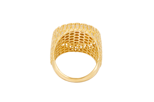 14KT Gold Ring Men's Round St. Barbara Wreath Border White CZ Stones Leaf Pattern on Shank (Two White CZ Stones in each Leaf)