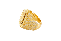 14KT Gold Ring Men's Round St. Barbara Wreath Border White CZ Stones Leaf Pattern on Shank (Two White CZ Stones in each Leaf)