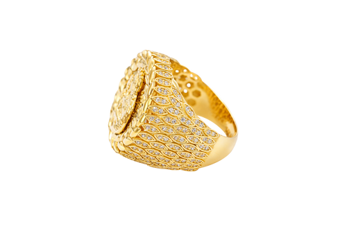 14KT Gold Ring Men's Round St. Barbara Wreath Border White CZ Stones Leaf Pattern on Shank (Two White CZ Stones in each Leaf)