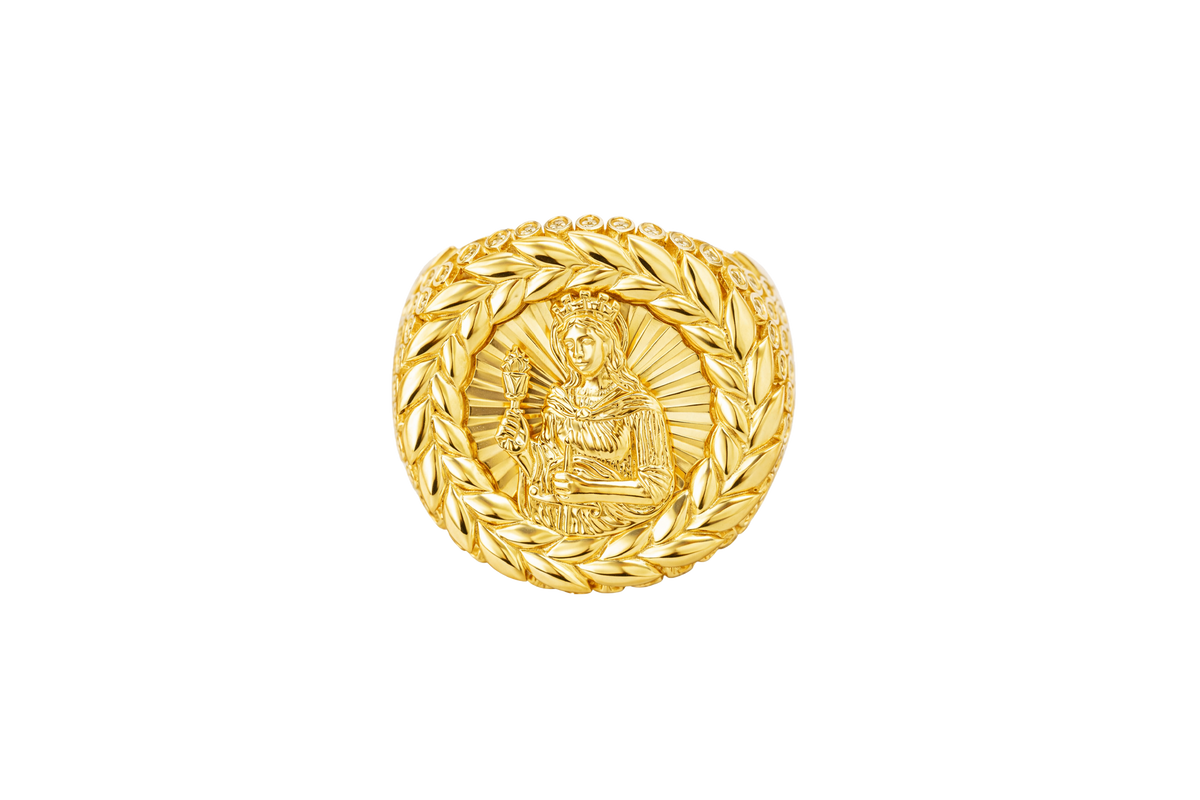 14KT Gold Ring Men's Round St. Barbara Wreath Border White CZ Stones Leaf Pattern on Shank (Two White CZ Stones in each Leaf)