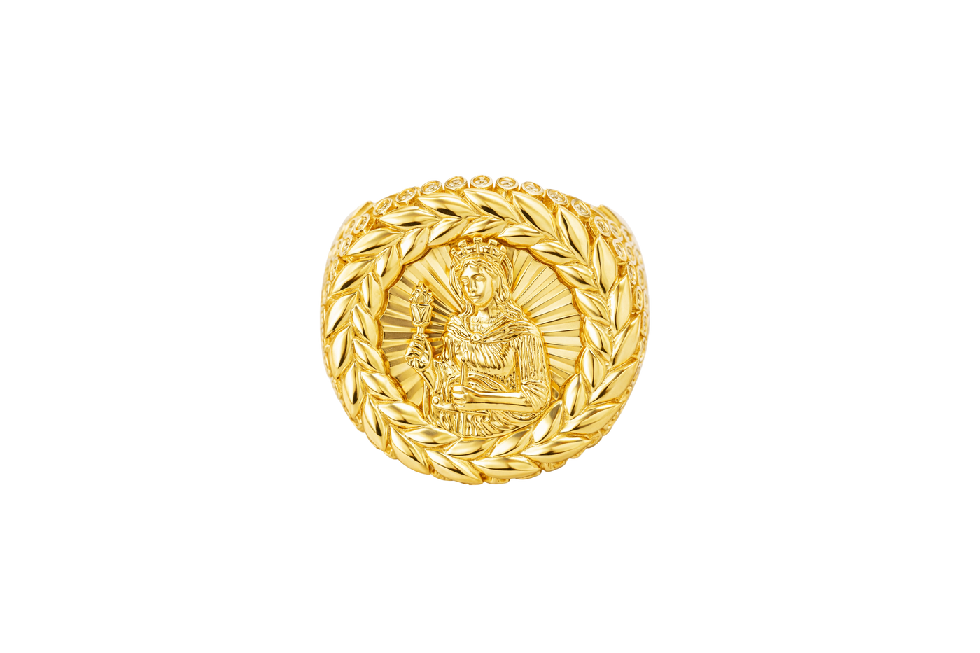 14KT Gold Ring Men's Round St. Barbara Wreath Border White CZ Stones Leaf Pattern on Shank (Two White CZ Stones in each Leaf)