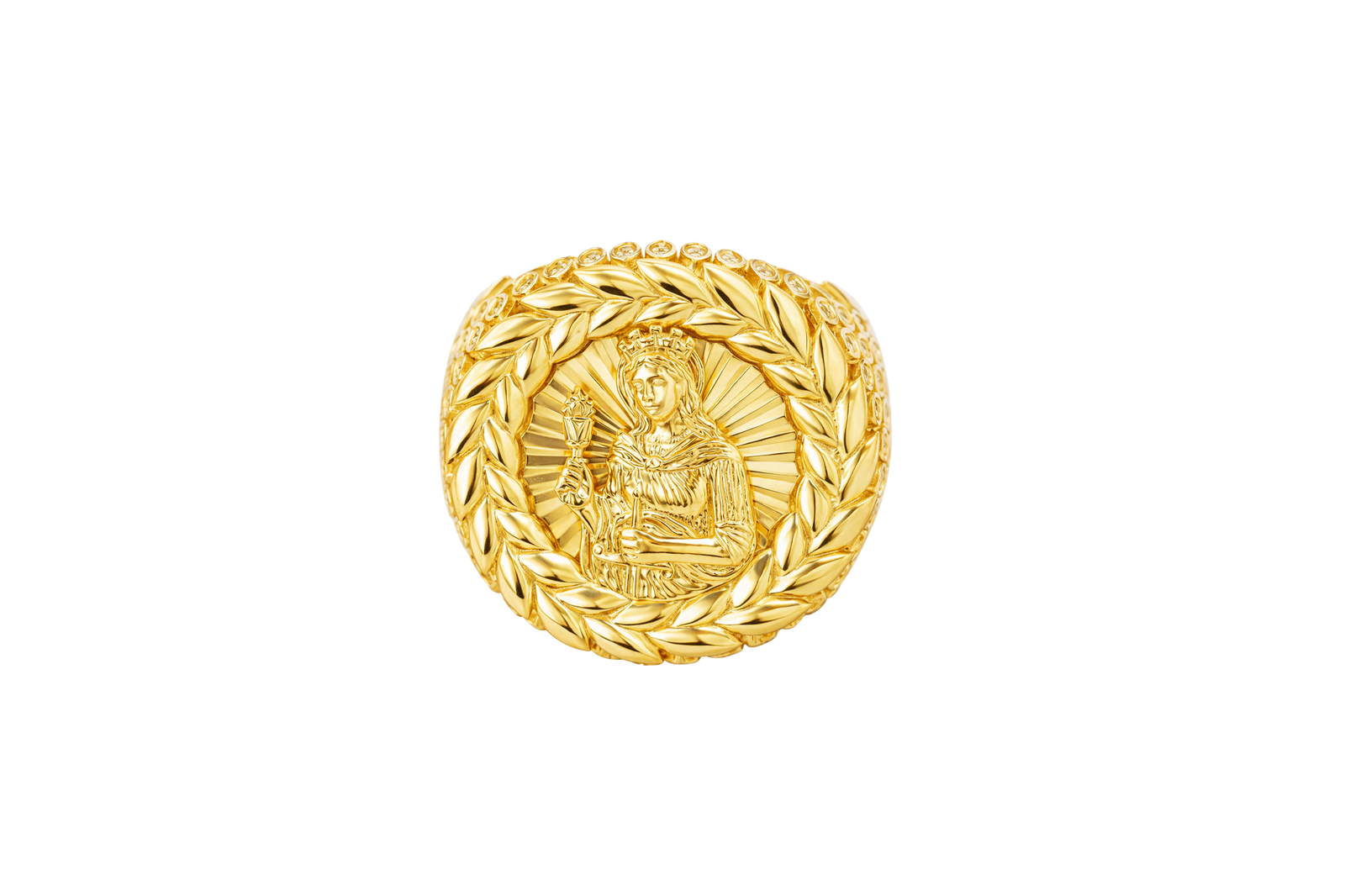 14KT Gold Ring Men's Round St. Barbara Wreath Border White CZ Stones Leaf Pattern on Shank (Two White CZ Stones in each Leaf)