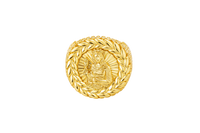 14KT Gold Ring Men's Round St. Barbara Wreath Border White CZ Stones Leaf Pattern on Shank (Two White CZ Stones in each Leaf)