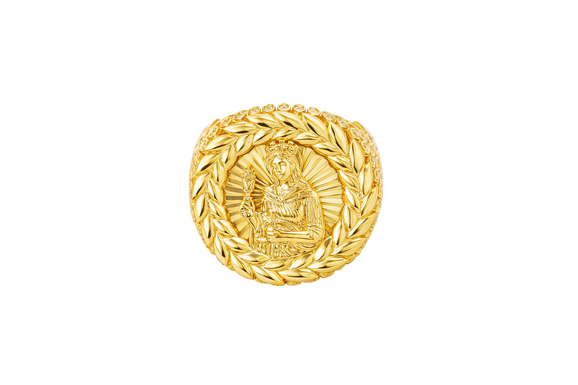 14KT Gold Ring Men's Round St. Barbara Wreath Border White CZ Stones Leaf Pattern on Shank (Two White CZ Stones in each Leaf)