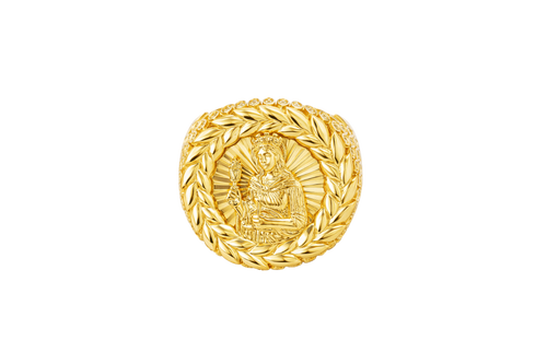 14KT Gold Ring Men's Round St. Barbara Wreath Border White CZ Stones Leaf Pattern on Shank (Two White CZ Stones in each Leaf)