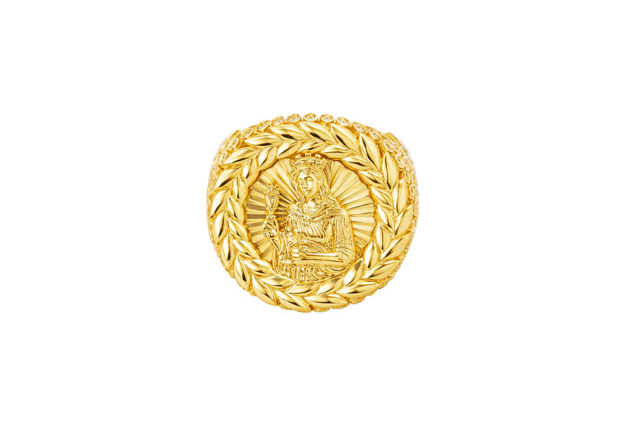 14KT Gold Ring Men's Round St. Barbara Wreath Border White CZ Stones Leaf Pattern on Shank (Two White CZ Stones in each Leaf)