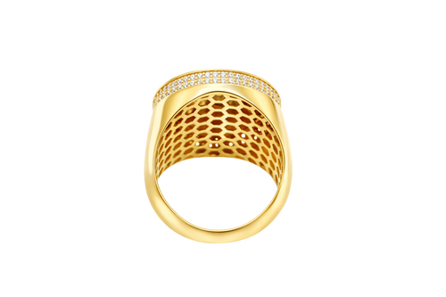 14KT Gold Ring Men's Round St. Lazarus Plain Border Coin with Double Row of White CZ Stones Sides