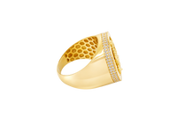 14KT Gold Ring Men's Round St. Lazarus Plain Border Coin with Double Row of White CZ Stones Sides