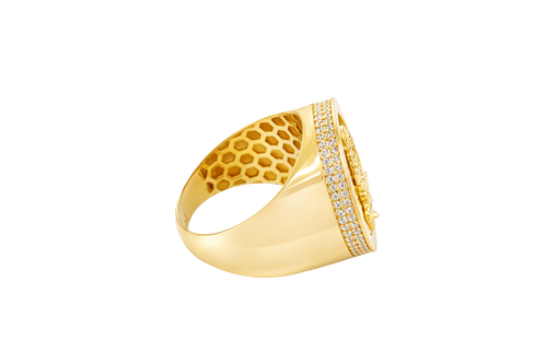14KT Gold Ring Men's Round St. Lazarus Plain Border Coin with Double Row of White CZ Stones Sides