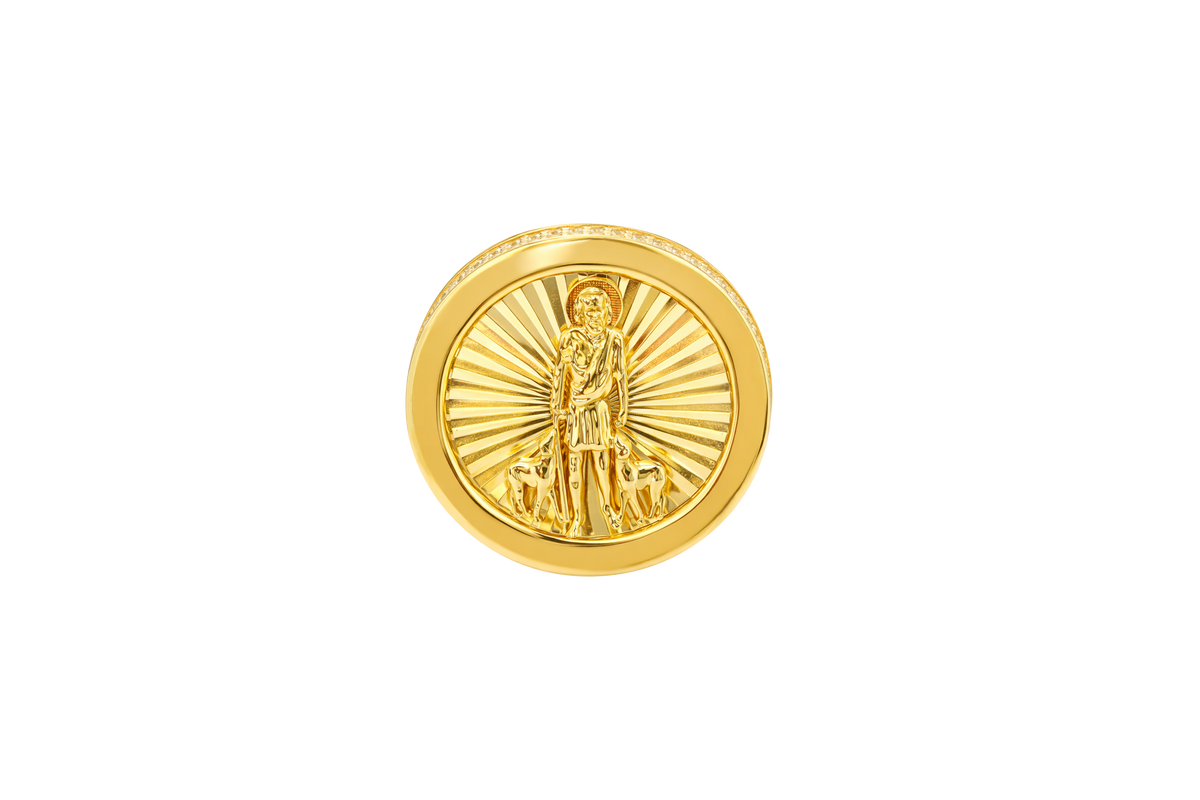 14KT Gold Ring Men's Round St. Lazarus Plain Border Coin with Double Row of White CZ Stones Sides