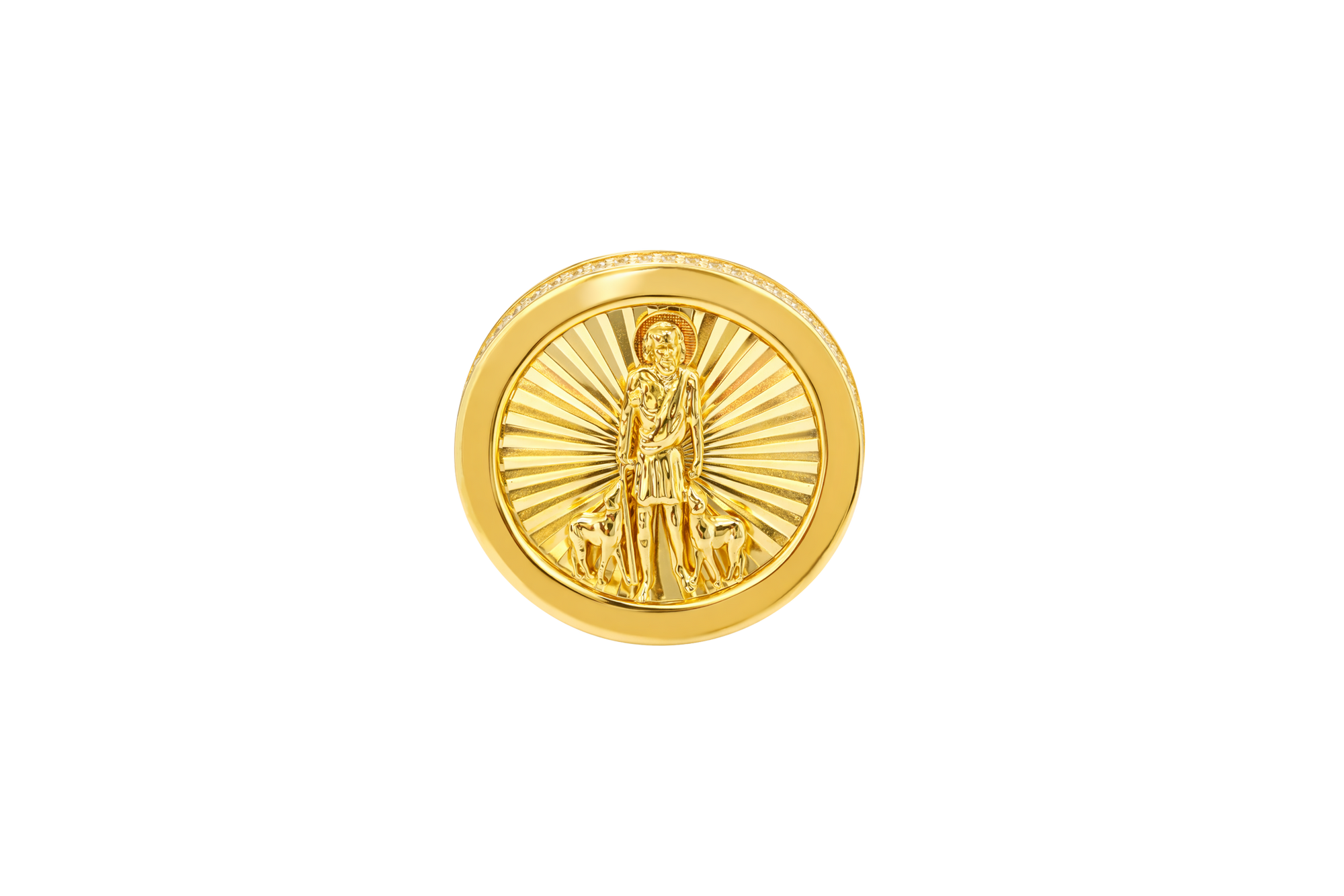 14KT Gold Ring Men's Round St. Lazarus Plain Border Coin with Double Row of White CZ Stones Sides