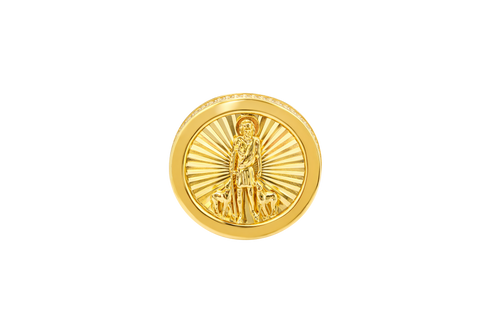 14KT Gold Ring Men's Round St. Lazarus Plain Border Coin with Double Row of White CZ Stones Sides