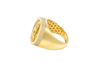 14KT Gold Ring Men's Round St. Lazarus Plain Border Coin with Double Row of White CZ Stones Sides