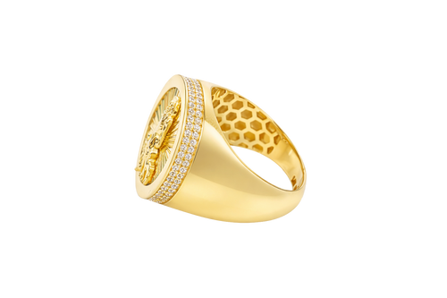 14KT Gold Ring Men's Round St. Lazarus Plain Border Coin with Double Row of White CZ Stones Sides