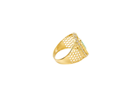 14KT Gold Ring Men's Oval St. Jude Green CZ Stone Robe White CZ Stones Border with Diamond Shape Gallery Cutouts on Band