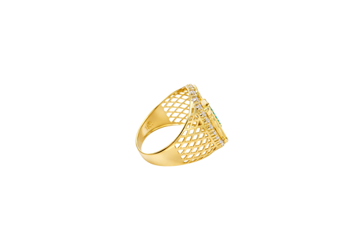 14KT Gold Ring Men's Oval St. Jude Green CZ Stone Robe White CZ Stones Border with Diamond Shape Gallery Cutouts on Band