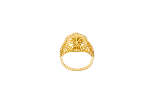 14KT Gold Ring Men's Oval St. Jude Green CZ Stone Robe White CZ Stones Border with Diamond Shape Gallery Cutouts on Band