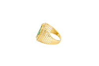 14KT Gold Ring Men's Oval St. Jude Green CZ Stone Robe White CZ Stones Border with Diamond Shape Gallery Cutouts on Band