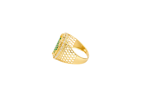 14KT Gold Ring Men's Oval St. Jude Green CZ Stone Robe White CZ Stones Border with Diamond Shape Gallery Cutouts on Band