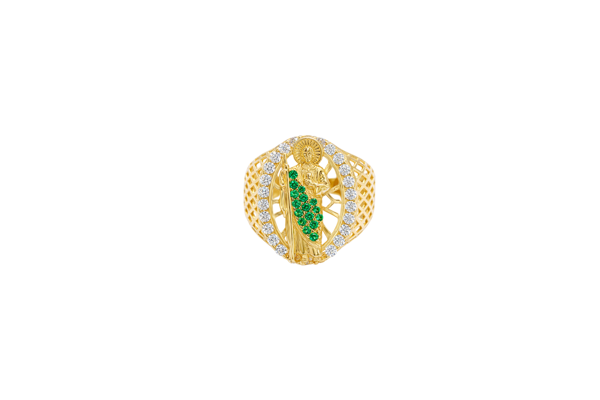 14KT Gold Ring Men's Oval St. Jude Green CZ Stone Robe White CZ Stones Border with Diamond Shape Gallery Cutouts on Band