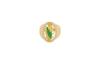 14KT Gold Ring Men's Oval St. Jude Green CZ Stone Robe White CZ Stones Border with Diamond Shape Gallery Cutouts on Band