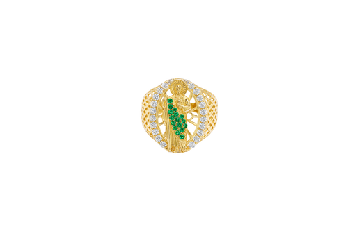 14KT Gold Ring Men's Oval St. Jude Green CZ Stone Robe White CZ Stones Border with Diamond Shape Gallery Cutouts on Band