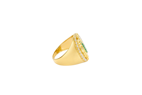 14KT Gold Ring Men's Oval St. Jude Green CZ Stone Robe with White CZ Stones Border and Plain Band