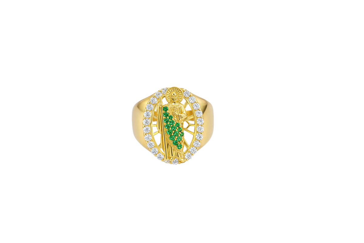 14KT Gold Ring Men's Oval St. Jude Green CZ Stone Robe with White CZ Stones Border and Plain Band