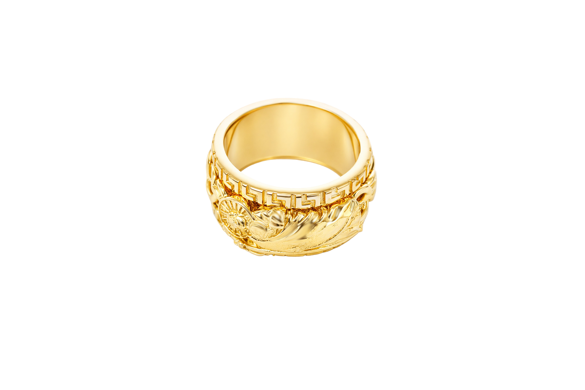14KT Gold Ring Men's Band St. Jude Chino Link Spinner with Greek Border