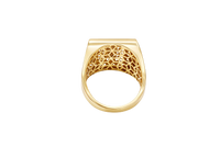 14KT Gold Ring Men's Rectangle Raised Two Tone St. Jude Center with White CZ Stones Background Plain Border White CZ Stone Frame Border Praying Hands Oval on Each Side