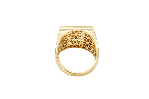 14KT Gold Ring Men's Rectangle Raised Two Tone St. Jude Center with White CZ Stones Background Plain Border White CZ Stone Frame Border Praying Hands Oval on Each Side