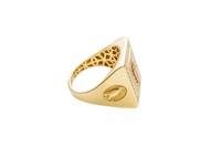14KT Gold Ring Men's Rectangle Raised Two Tone St. Jude Center with White CZ Stones Background Plain Border White CZ Stone Frame Border Praying Hands Oval on Each Side