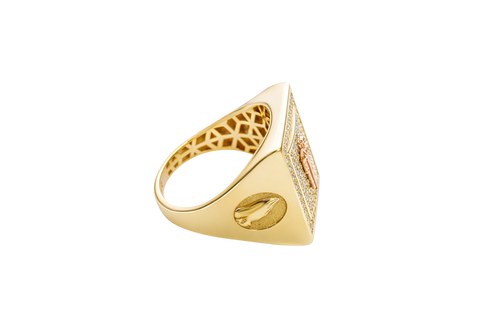 14KT Gold Ring Men's Rectangle Raised Two Tone St. Jude Center with White CZ Stones Background Plain Border White CZ Stone Frame Border Praying Hands Oval on Each Side