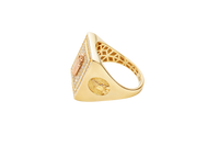 14KT Gold Ring Men's Rectangle Raised Two Tone St. Jude Center with White CZ Stones Background Plain Border White CZ Stone Frame Border Praying Hands Oval on Each Side