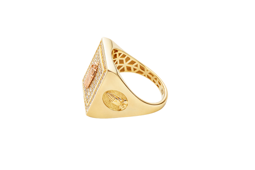 14KT Gold Ring Men's Rectangle Raised Two Tone St. Jude Center with White CZ Stones Background Plain Border White CZ Stone Frame Border Praying Hands Oval on Each Side