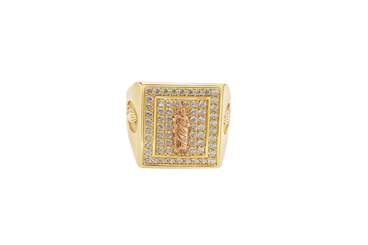 14KT Gold Ring Men's Rectangle Raised Two Tone St. Jude Center with White CZ Stones Background Plain Border White CZ Stone Frame Border Praying Hands Oval on Each Side