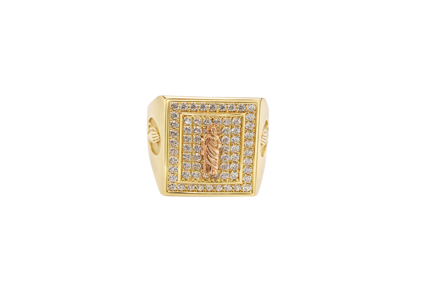 14KT Gold Ring Men's Rectangle Raised Two Tone St. Jude Center with White CZ Stones Background Plain Border White CZ Stone Frame Border Praying Hands Oval on Each Side