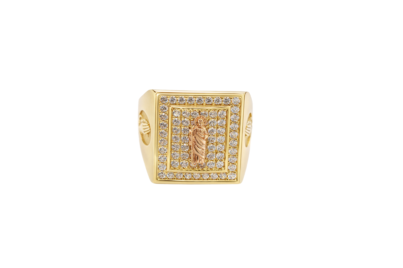 14KT Gold Ring Men's Rectangle Raised Two Tone St. Jude Center with White CZ Stones Background Plain Border White CZ Stone Frame Border Praying Hands Oval on Each Side