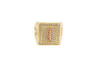14KT Gold Ring Men's Rectangle Raised Two Tone St. Jude Center with White CZ Stones Background Plain Border White CZ Stone Frame Border Praying Hands Oval on Each Side