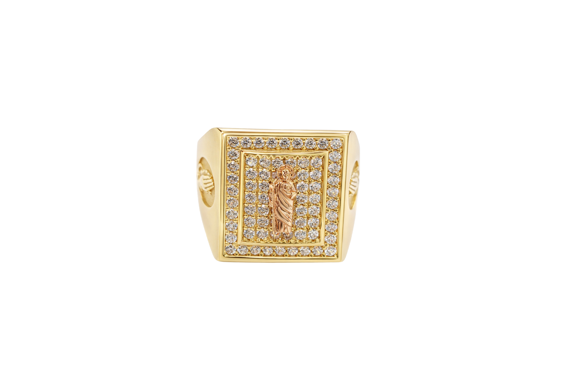 14KT Gold Ring Men's Rectangle Raised Two Tone St. Jude Center with White CZ Stones Background Plain Border White CZ Stone Frame Border Praying Hands Oval on Each Side