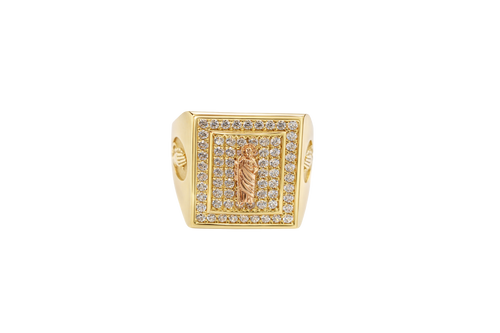 14KT Gold Ring Men's Rectangle Raised Two Tone St. Jude Center with White CZ Stones Background Plain Border White CZ Stone Frame Border Praying Hands Oval on Each Side
