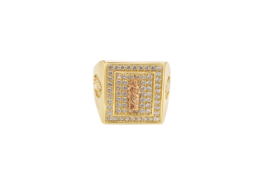 14KT Gold Ring Men's Rectangle Raised Two Tone St. Jude Center with White CZ Stones Background Plain Border White CZ Stone Frame Border Praying Hands Oval on Each Side